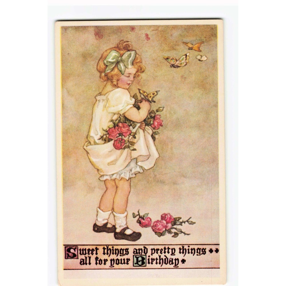 Vintage Birthday Postcard Girl with Pink Roses and Butterflies Unposted VG+